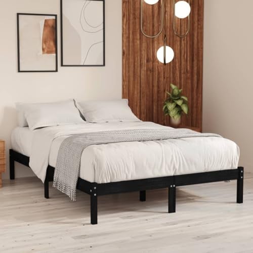 Holamys Massivholzbett Schwarz Kiefer 140x190 cm, Robustes Bettgestell aus Vollholz, modernes Plattformbett für Schlafzimmer, langlebiges Einzelbett
