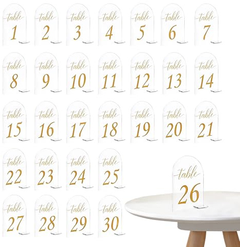 Clara Cartel Acrílico en Forma de | 30 Láminas Impresas en Dorado | Carteles de mesa en | para Bodas Eventos Recepciones Restaurantes Cumpleaños