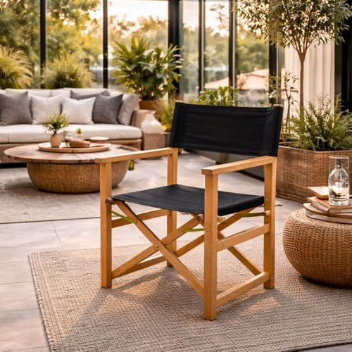 LEBENSwohnART Teak Klappstuhl REGIE Natural – wetterfest Outdoorstoff schwarz Wintergarten Garten Terrasse Balkon Massivholz