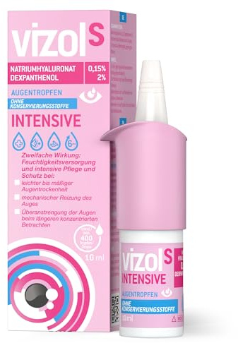 Vizol S Intensive Augentropfen mit 0,15% Hyaluron und 2% Dexpanthenol für die intensive Augenpflege – ohne Konservierungsstoffe, für trockene, müde und gereizte Augen, für Kontaktlinsenträger geeignet