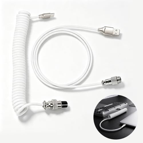 Okaywork teclado cable, cable espiral USB-C blanco 3m en TPU con conector aviador metálico, USB-A a Type-C para teclado mecánico, escritorio gaming, oficina y teclado personalizado