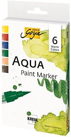 KREUL 18185 - Solo Goya Aqua Paint Marker Warm Colors, 6er Set in kadmiumgelb, zinnoberrot dunkel, indigoblau, olivgrün, roter ocker und havannabraun, Künstlerstifte mit elastischer Pinselspitze