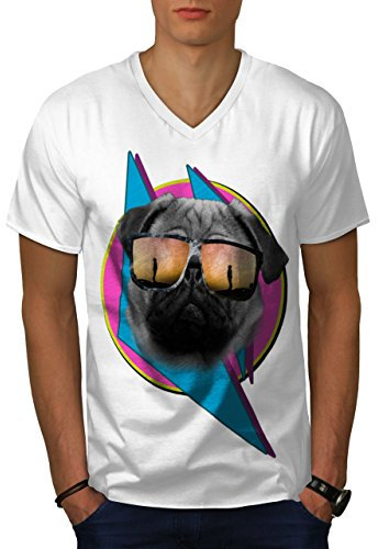 Wellcoda Cool Mops Brille Niedlich Hund MännerV-Ausschnitt T-Shirt Cool Grafikdesign-T-Stück