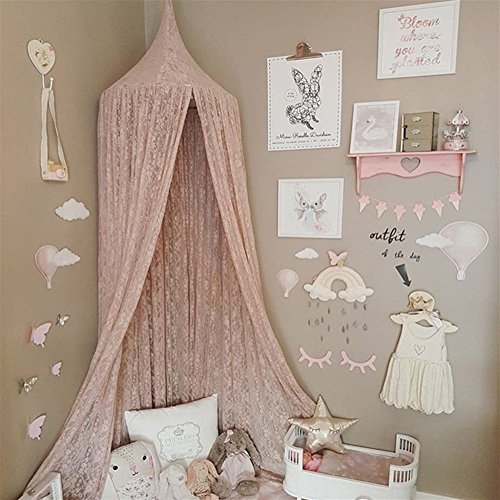 Ommda Moskitonetz Bett Kinder und Baby Betthimmel Moskitonetz Spitze süß und romantisch für Kinderzimmer und Schlafzimmer Rosa 240x50cm (HöhexDurchmesser)