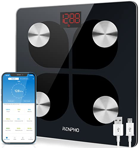 RENPHO Elis 1 Körperfettwaage, Bluetooth Personenwaage USB Wiederaufladbare Körperanalysewaage mit App, Smart Körperwaage für Körperfett, BMI, Gewicht, Muskelmasse, Wasser, Protein