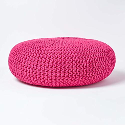 Homescapes Pouf Strickpouf rundes Bodenkissen, Sitzpouf 70 x 23 cm, gepolsterter Sitzhocker, Sitzpuff/Puff mit grob gestricktem Bezug aus 100% Baumwolle, Strickpuff, rosa/pink