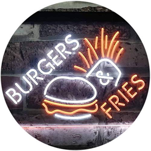 ADVPRO Burgers & Fries Fast Food Open Shop Dual Color LED Barlicht Neonlicht Lichtwerbung Neon Sign Weiß & Orange 400 x 300mm st6s43-i3192-wo