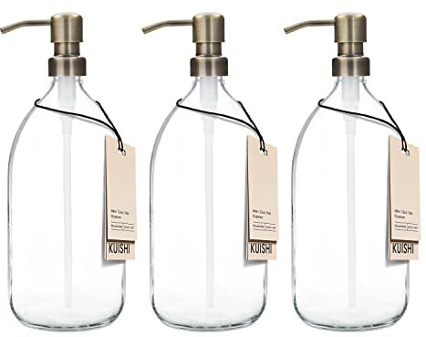Kuishi Trois Pompe en Verre Transparent Bouteille de 1000 ML avec Pompe dorée en Acier Inoxydable, Distributeur de Savon Rechargeable écologique, décoration de Salle de Bain élégante