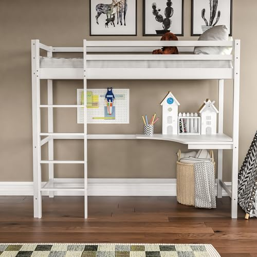 Vida Designs Sydney High Sleeper Bunk Bed, Solid Pine Wood Kids Loft Bed Frame With Desk, Perfect For Children, Single 3 Foot, White