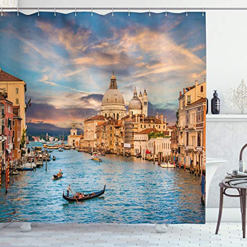 ABAKUHAUS Venedig Duschvorhang, Canal Grande Italien Bild, Stoffliches Gewebe Badezimmerdekorationsset mit Haken, 175 x 180 cm, Himmelblau Champagner