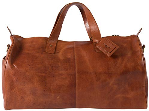 HOLZRICHTER Berlin - Weekender aus Leder für Herren (No 14-1), Reisetsasche 30x58x28 cm, Handgefertigte Echtleder Umhängetasche mit Schultergurt, Cognac-Braun