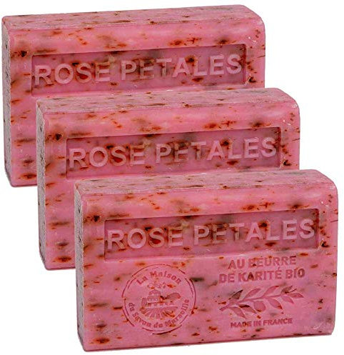 Savon de Marseille - French Soap made with Organic Shea Butter - Rose Petals Fragrance - 125 Gram Bars - Set of 3