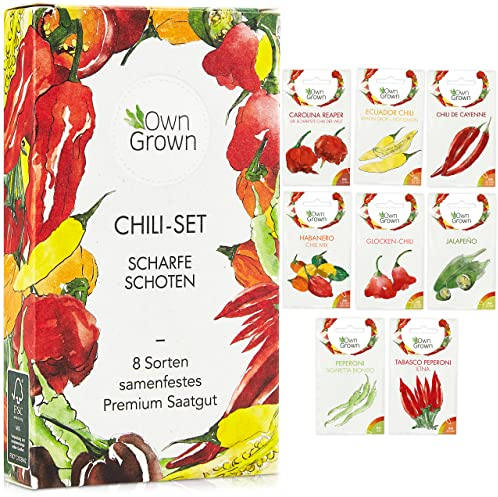 Chili Samen Set: 8 Sorten Chilisamen für Garten und Balkon – Premium Chilisortiment – Bunte und alte Chili Pflanzen – Chili Set mit milden und scharfen Chilli Pflanzen – Chili züchten mit OwnGrown