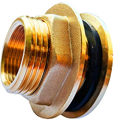 Tank Durchführung mit Anschlag und 2 Dichtungen Loch Größe 43 mm 1 1/4 Rohr Zoll Aussen Gewinde AG x 1 Innengewinde IG Wandungsstärke max. 19 mm Regentonnen Verschraubung Messing