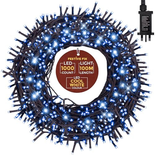 Festive Fix Christmas Tree Lights - 100m, 1000 LED Waterproof Light for Indoor & Outdoor Xmas Decoration, Energy-Saving Mains Powered String Lights with Timer & 8 Modes