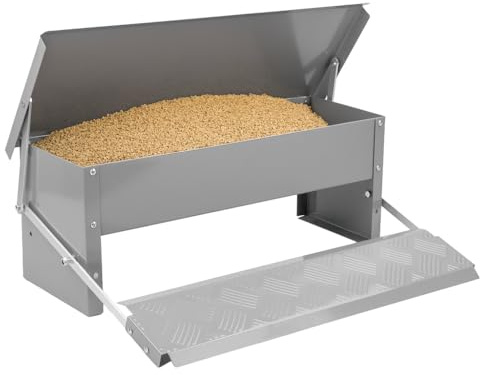 KCT Automatic Chicken Feeder Self Opening Grey Steel Trough Poultry Treadle 5kg