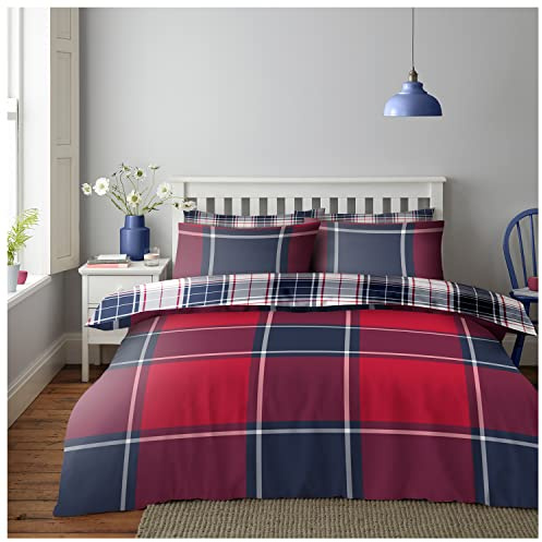 GC GAVENO CAVAILIA Check Duvet Cover, Printed Tartan Bedding Set King Size, Reversible Checked Quilt Cover With Pillow Cases, Red