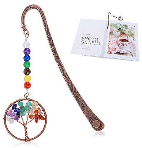 cobee Lesezeichen aus Metall, Baum des Lebens, Lesezeichen 7 Chakra Kristalle Heilstein Vintage Lesezeichen Antik Kupfer Metall Lesezeichen Perlen getrommelte Edelsteine Buchmarker (Regenbogen)