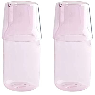 BestAlice Juego de 2 jarras de agua y vasos para mesita de noche, 17 onzas/500 ml, jarra de vidrio vintage con vaso, taza de agua de jugo de vidrio transparente para dormitorio
