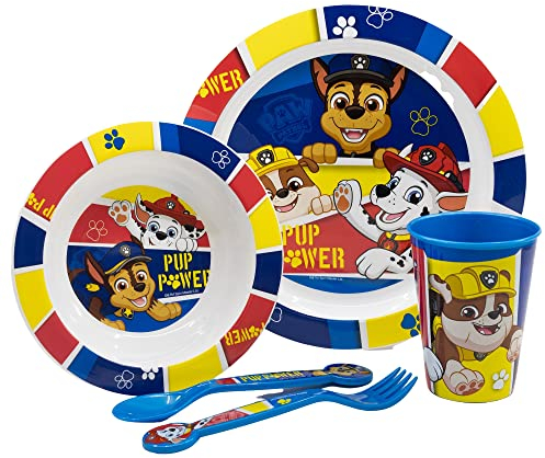 Set vajilla infantil reutilizable apta para microondas compuesta por vaso, plato, cuenco y cubiertos de La Patrulla Canina