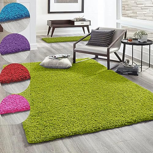 VIMODA Hochflor Teppich Prime Shaggy Langflor Wohnzimmer Schlafzimmer Rund Farbig, Farbe:Grün, Maße:Ø 80 cm Rund