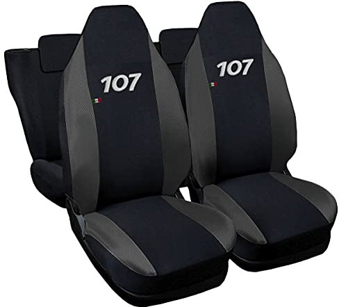 Rebeca Shop® Autositzbezüge mit gesticktem Logo kompatibel für 107 mit geteilten Rücksitzen, 6er-Set (schwarz/dunkelgrau)