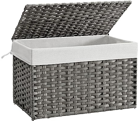 SONGMICS Laundry Basket, 105L Synthetic Rattan Storage Basket with Lid and Handles, Wicker, Foldable, Removable Liners, for Blankets, Clothes, Living Room, Bedroom, Laundry Room, Grey RST066G01