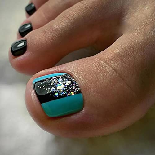 24Pcs French Square False Toenails Glossy Blue & Black Press on Toenails Stick on Toenails Short Glitter Acrylic Full Cover Artificial Summer Fake Toenails for Women and Girls Daily Decorations
