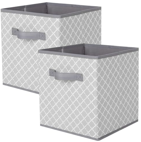 powerking Storage Box with Handle, Set of 2 Foldable Tartan Pattern Storage Pins Cube Organiser Made of Skin Safety Fabric Cloth, Storing Box for Cloths, Kids Toys and Tiny Thing, Grey