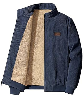 Elegancity Herren Jacke Cordjacke Stehkragen Teddyfell Gefütterte Regular Fit Reißverschluss Winterjacke Warme Mit Taschen Blau, XXL