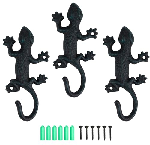 efuturetime 3 Pièces Porte Manteau Mural de Lézard, Patere Murale Vintage avec Vis, Crochet Porte Manteau Rustique pour Suspendre Vêtements Clés Chapeaux Sacs, Noir-Vert