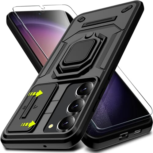 für Samsung Galaxy S23 Hülle mit Schutzfolie, mit Kameraschutz Handyhülle für Samsung S23 Schutzhülle Silikon Bumper Stoßfest S23 Case 360° Drehbarer Metall Ring Ständer Magnetisch Cover 5G/6.1