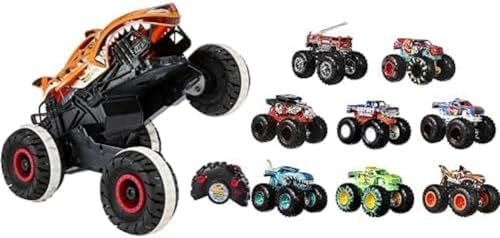 Hot Wheels - Pack 2 Juguetes - Monster Trucks Tiger Shark RC (HGV87) + Pack 2 Monster Trucks Doble Demolición (FYJ64). Coche de Juguete teledirigido Radio Control. Coches de Juguete Surtidos. +4 años