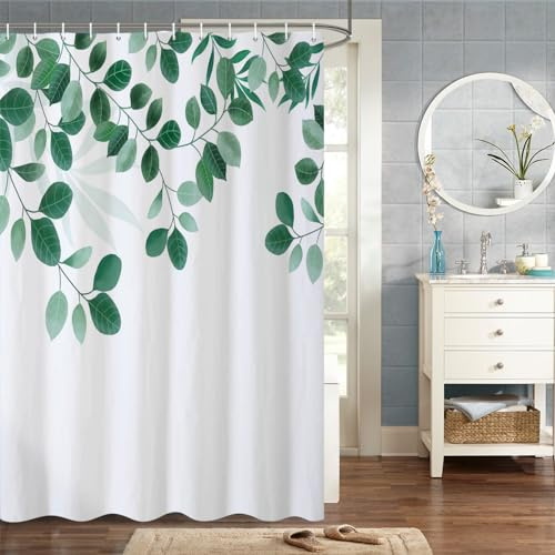 MIRRORANG 183x198cm Vert Feuilles Rideau De Douche Printemps Aquarelle Plante Florale Eucalyptus Rond Feuille Verte Rideau De Douche pour Salle De Bain Tissu Polyester Imperméable Ensemble