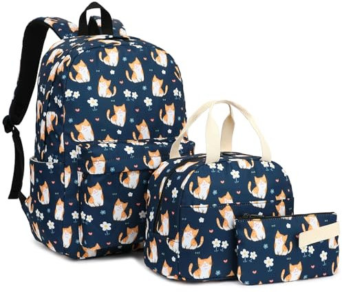 Esfoxes Schulrucksack Rucksack Schule Schulranzen für Mädchen, Kinder, Teenager, Schultaschen, Büchertaschen-Set mit Lunchtasche, Federmäppchen (Katze)