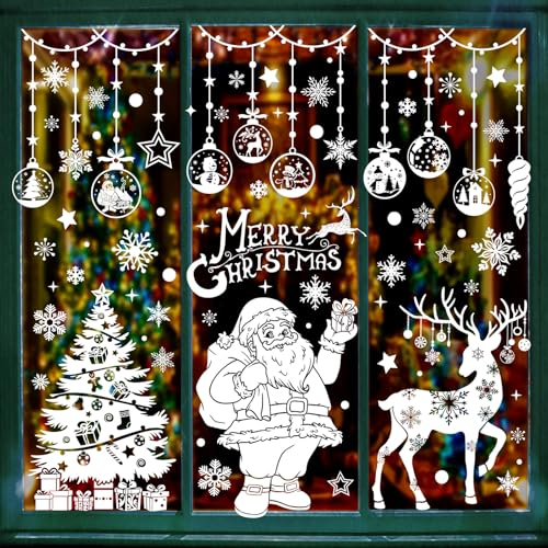 TOMEEK Fensterbilder Weihnachten Selbstklebend Groß Fensterdeko Weihnachten weiß Wiederverwendbarn Weihnachtsmann Schneeflocken Aufkleber für Shop Winter Fensterdekoration(163 Stk 5 Bögen)