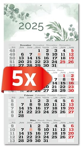 PRIMUS PRINT 4-Monats Einblockkalender 2025 - Wandkalender - Monatskalender mit Schieber - Blockkalender - inklusive Feiertagen - verschiedene Motive, verschiedene Sets - [ 5 x Eukalyptus ]