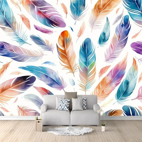 Fototapete Wanddeko 250 x 175 cm Aquarell Boho Federn Wandbild Motivtapeten Vlies-Tapeten Moderne Wandtapete Wand Wohnzimmer Spielzimmer TV-Hintergrund Dekoration