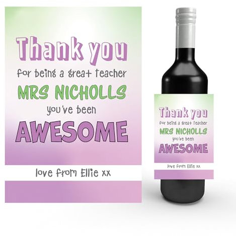 Personalised Awesome Teacher Thank You Label - Super Teacher Thank You Wine Label - Personalised Teacher Wine Label - Personalised Thank You Teacher - Great Teacher Wine Label (Pink & Green)