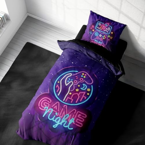 MTOnlinehandel Gaming Bettwäsche Set 135x200 + 80x80 cm, 100% Baumwolle, 3D Effekt, Reißverschluss, für Teenager, Mädchen und Jungen, Neon Gamer Merch (Gaming)
