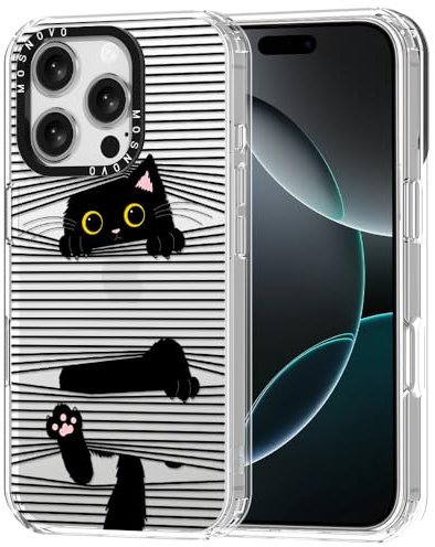 MOSNOVO Case for iPhone 16 Pro, [Buffertech 6.6ft Military-Grade Drop Protection] [Anti Peel Off Tech] Clear TPU Bumper Phone Case Cover Design - Hidden Black Cat