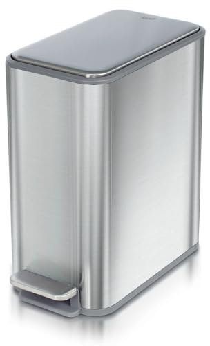 Glad Schmaler Badezimmer-Mülleimer – kleiner Mülleimer mit sanft schließendem Deckel und Fußpedal, schmaler Abfalleimer aus gebürstetem Nickel mit herausnehmbarem Inneneimer, 7,8 l