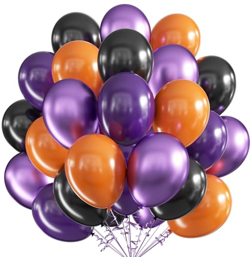 Halloween Luftballons Deko, Luftballons Schwarz Orange Lila, 60 Stück 12 Zoll Schwarz Orange Lila Halloween Ballons Metallic Lila Luftballon Party Ballons, Party Dekoration Luftballon