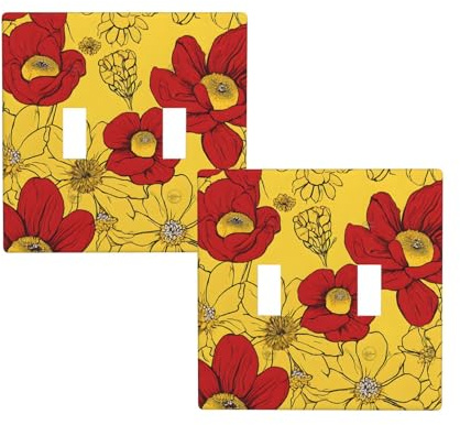 Jolie plaque murale décorative à 2 interrupteurs à bascule avec imprimé fleurs de coquelicot pour salon, cuisine, chambre à coucher, salle de bain, 11,4 x 11,4 cm