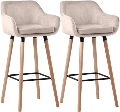 CLP 2er Set Barhocker Grant mit Samtbezügen I Thekenhocker gepolstert und mit Rückenlehne I Jeweils bis 150 kg belastbar, Farbe:Creme