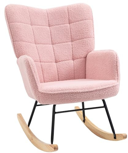 HOMCOM Mecedora de Borreguito Silla Mecedora con Patas de Madera de Haya y Marco de Acero Silla para Lactancia Carga 120 kg para Dormitorio Salón Rosa