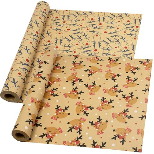Rouleau de papier cadeau de Noël pour cadeau - Lot de 2 rouleaux de papier cadeau kraft recyclable de 43 cm x 15 m pour décoration de cadeau d'anniversaire de Noël