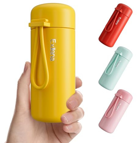 Exllena 300 ml kleine Wasserflasche aus 304 Edelstahl, kleine Flasche mit Tragegriff, doppelwandige Vakuumisolierung für heiße und kalte Getränke für die Handtasche, 100% auslaufsicher (Gelb)
