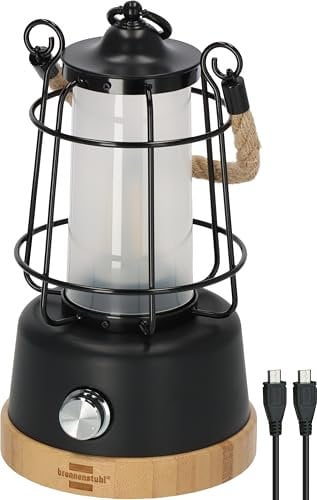Brennenstuhl LED Akku Campinglampe CAL 1 AC (350lm, IP44, bis zu 75h Leuchtdauer, stufenlos dimmbar, Farbtemperatur einstellbar, wiederaufladbare USB C Outdoor Lampe mit Hanfseil und Bambussockel)