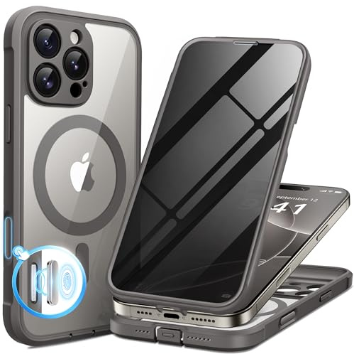 BERFY for iPhone 16 Pro Case, Compatible with MagSafe,Clear Grey | Built-in Privacy Screen Protector, Full Camera Protection, Shockproof Full Body Magnetic Clear Phone Case 6.3
